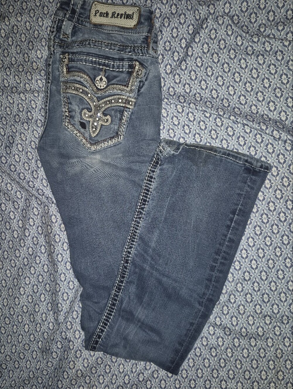 Rock Revival Dark Blue Boot Cut Jeans with Embellished Back